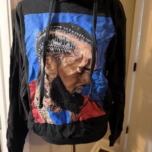Black Graphic Pullover Hoodie with Blue & Red Portrait Print
